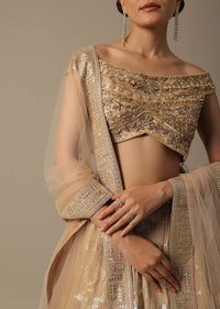 Gold Hand Embroidered Lehenga Set In Net