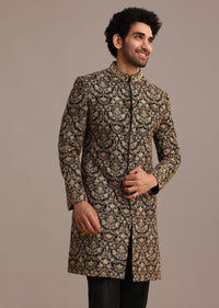 Gold Hand Embroidered Silk Sherwani Suit