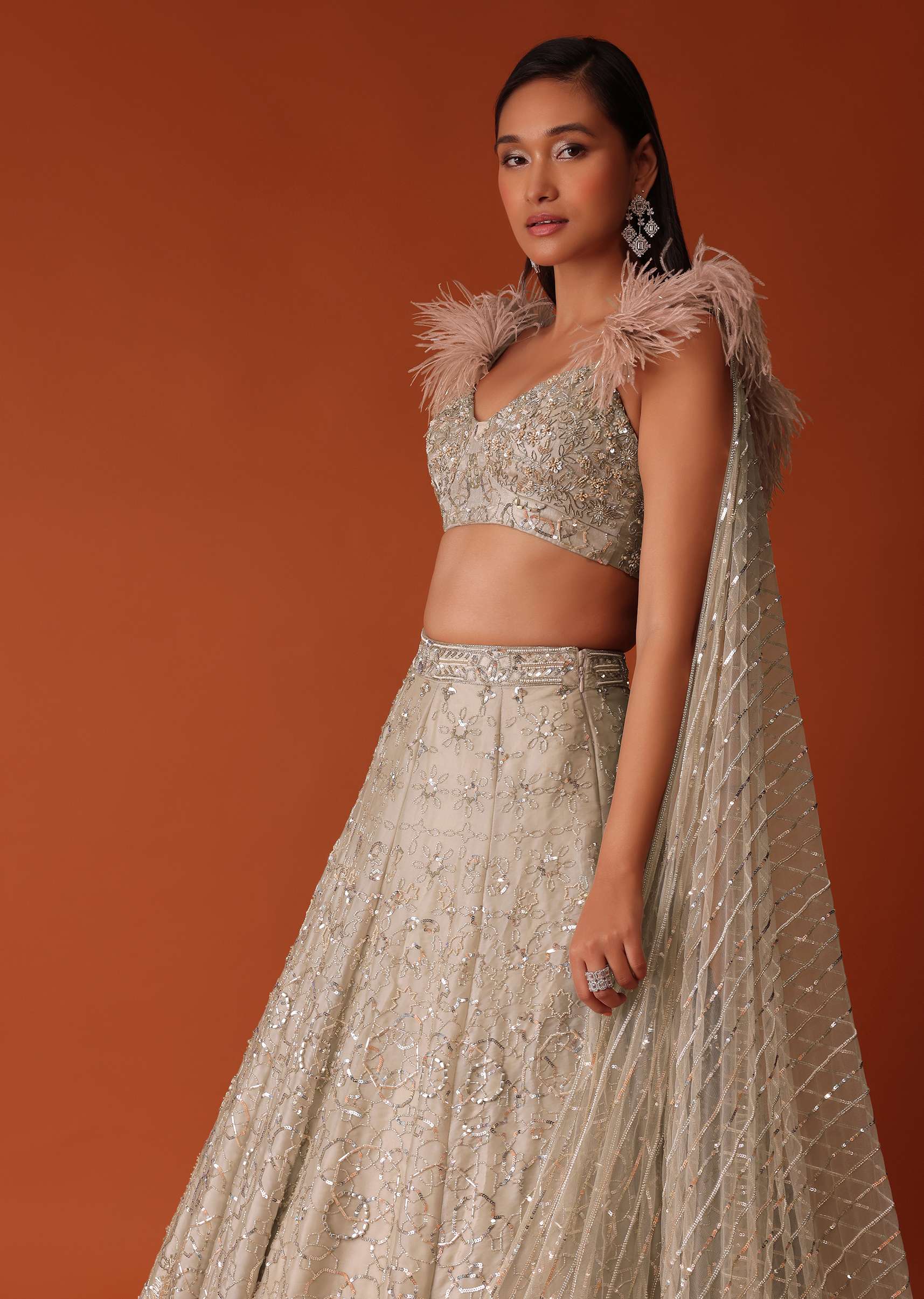 Gold Heavy Hand Embroidered Bridal Lehenga Set In Organza