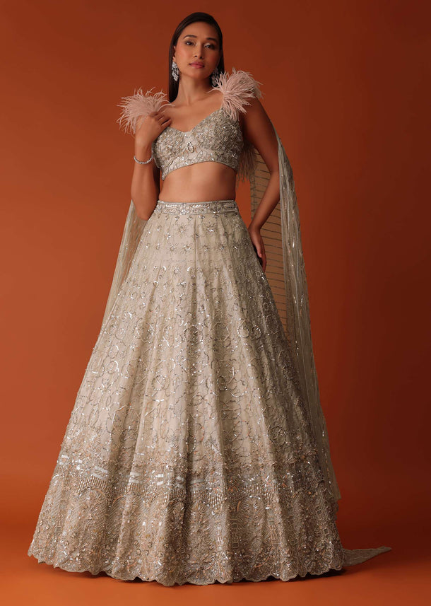 Gold Heavy Hand Embroidered Bridal Lehenga Set In Organza