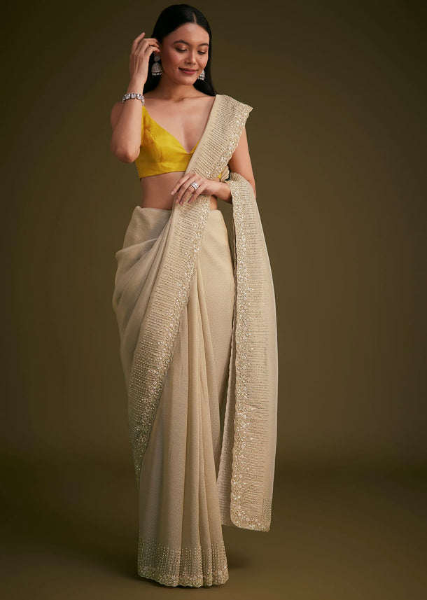 Gold Jacquard Saree Embroidered With Contrast Blouse Fabric