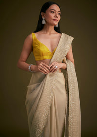 Gold Jacquard Saree Embroidered With Contrast Blouse Fabric