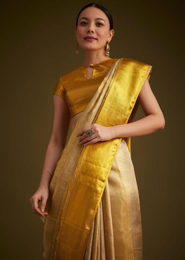 Gold Kanjivaram Silk Saree With Golden Zari Detailing
