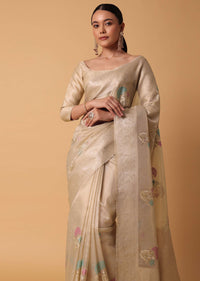 Gold Kora Silk Chanderi Saree With Resham Thread Motifs And Unstitched Blouse Piece