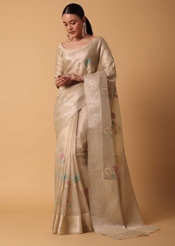 Gold Kora Silk Chanderi Saree With Resham Thread Motifs And Unstitched Blouse Piece
