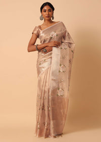 Gold Kora Silk Saree With Floral Motif Multicolor Thread Work And Unstitched Blouse Piece