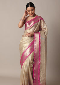 Gold Kota Silk Chanderi Saree With Mirror Detail And Unstitched Blouse Piece