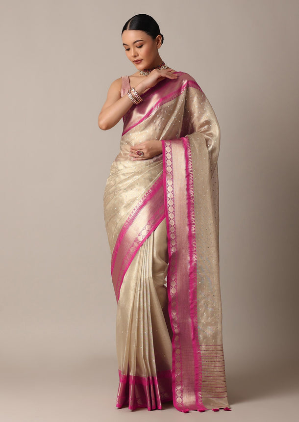 Gold Kota Silk Chanderi Saree With Mirror Detail And Unstitched Blouse Piece