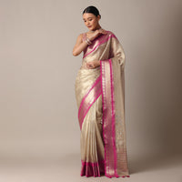 Gold Kota Silk Chanderi Saree With Mirror Detail And Unstitched Blouse Piece