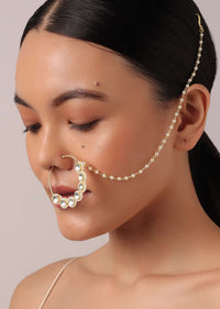 Gold Kundan Nose Ring With Pearl Chain