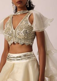 Gold Layered Lehenga Set With Ruffle Dupatta And Pearl Embroidery