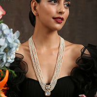 Gold Long Necklace With Polki Pendant Lined With Cubic Zirconia By Paisley Pop