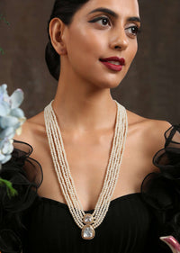 Gold Long Necklace With Polki Pendant Lined With Cubic Zirconia By Paisley Pop