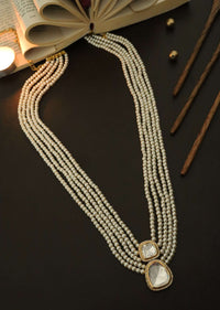 Gold Long Necklace With Polki Pendant Lined With Cubic Zirconia By Paisley Pop