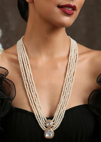 Gold Long Necklace With Polki Pendant Lined With Cubic Zirconia By Paisley Pop
