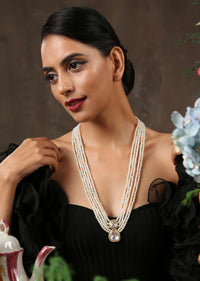 Gold Long Necklace With Polki Pendant Lined With Cubic Zirconia By Paisley Pop