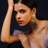 Gold Minakari Jhumkas With Kundan, Moti And Dangling Green Jade Drops