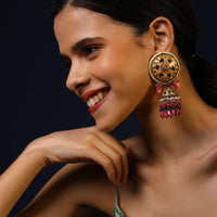 Gold Minakari Jhumkas With Kundan, Moti And Jhumka With Dangling Maroon Bead Fringes