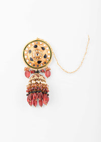 Gold Minakari Jhumkas With Kundan, Moti And Jhumka With Dangling Maroon Bead Fringes