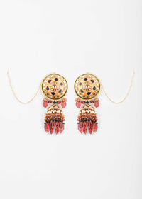 Gold Minakari Jhumkas With Kundan, Moti And Jhumka With Dangling Maroon Bead Fringes