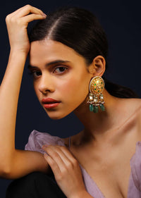 Gold Minakari Jhumkas With Kundan, Moti And Dangling Green Jade Drops
