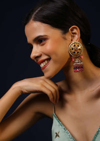 Gold Minakari Jhumkas With Kundan, Moti And Jhumka With Dangling Maroon Bead Fringes