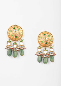 Gold Minakari Jhumkas With Kundan, Moti And Dangling Green Jade Drops
