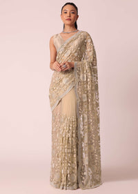 Gold Net Saree With Stone Studded And Florar work And Unstitched Blouse Piece