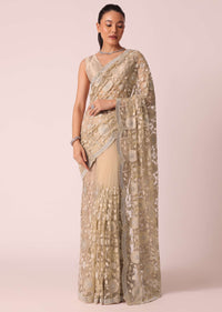 Gold Net Saree With Stone Studded And Florar work And Unstitched Blouse Piece