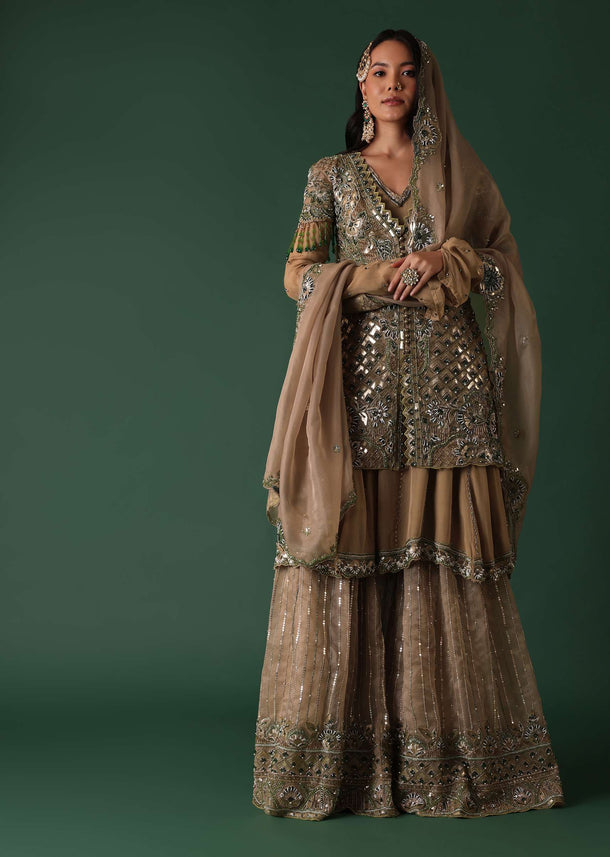 Gold Organza Bridal Sharara Anarkali Set With Jacket