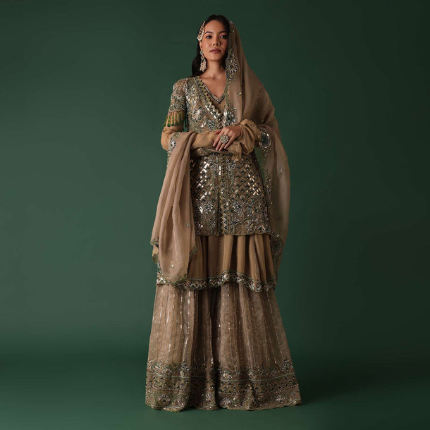 Gold Organza Bridal Sharara Anarkali Set With Jacket