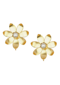 Gold Oversized Floral Studs With Pearls