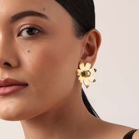 Gold Oversized Floral Studs With Pearls