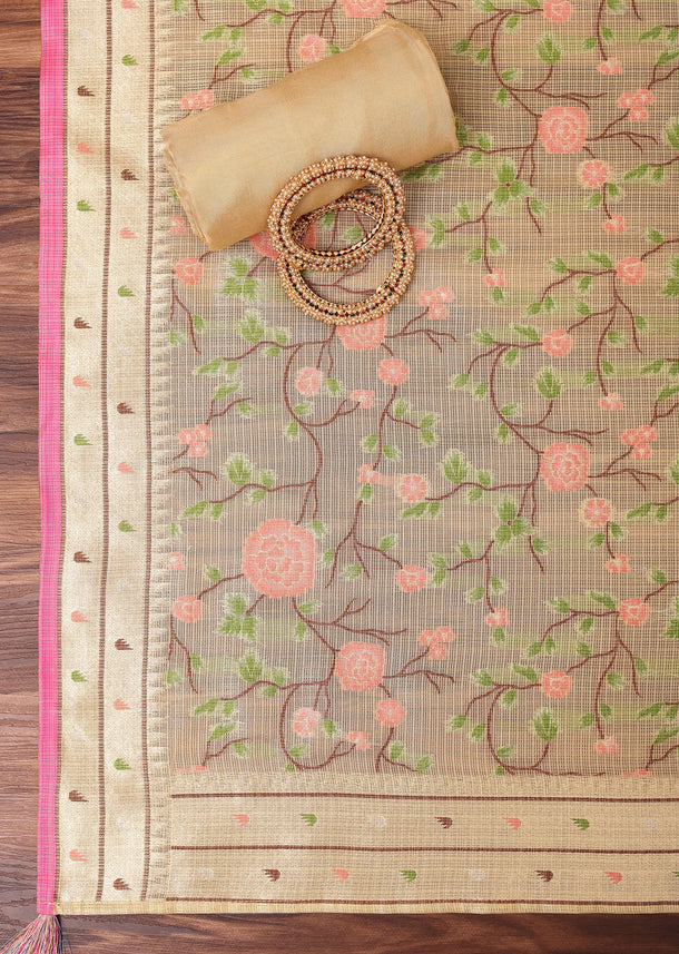 Gold Paithani Woven Silk Dress Material