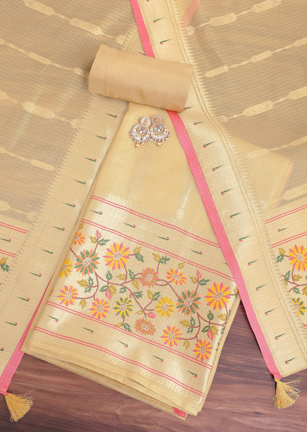 Gold Paithani Woven Silk Dress Material With Floral Motifs