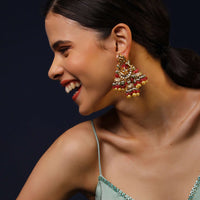 Gold Plated Earrings With Mini Jhumkis Adorned In Pink And Moti Fringes