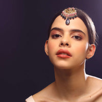 Gold Plated Mangtika With Crescent Kundan, Amethyst Drop And Dangling Pink And Purple Beads