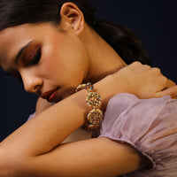 Gold Plated Bangle With Floral Kundan And Moti Work