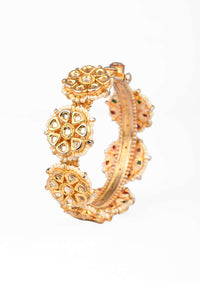 Gold Plated Bangle With Floral Kundan And Moti Work