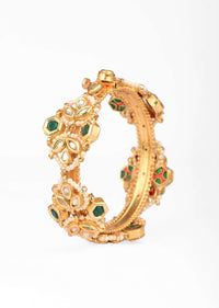 Gold Plated Bangle With Green And White Kundan And Moti Work