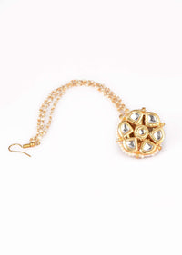 Gold Plated Borla Mangtika With Floral Polki, Green Stones And Pearls