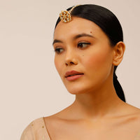 Gold Plated Borla Mangtika With Floral Polki, Green Stones And Pearls