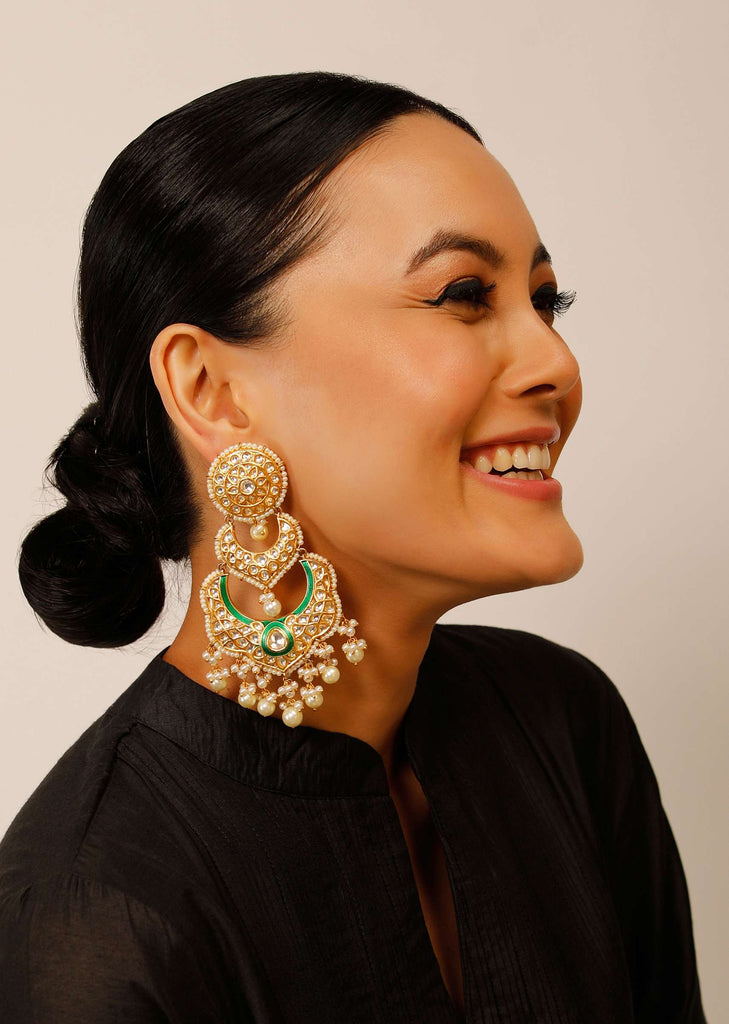 Gold Plated Chandelier Earrings With Kundan, Green Minakari And Pearl Fringes