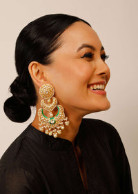 Gold Plated Chandelier Earrings With Kundan, Green Minakari And Pearl Fringes