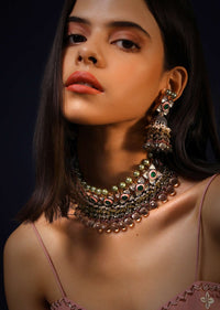 Gold Plated Choker And Earrings Set With Pink Minakari, Kundan And Olive Bead Fringes