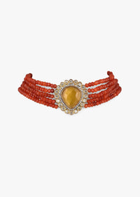 Gold Plated Choker Necklace With A Yellow Stone Centre And Coral Bead Strings