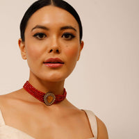 Gold Plated Choker Necklace With A Yellow Stone Centre And Coral Bead Strings
