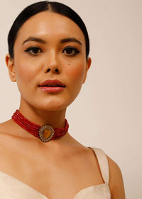Gold Plated Choker Necklace With A Yellow Stone Centre And Coral Bead Strings