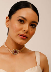 Gold Plated Choker Necklace With Maroon Oval Stone Centre And Peach Bead Strings