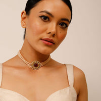Gold Plated Choker Necklace With Maroon Oval Stone Centre And Peach Bead Strings